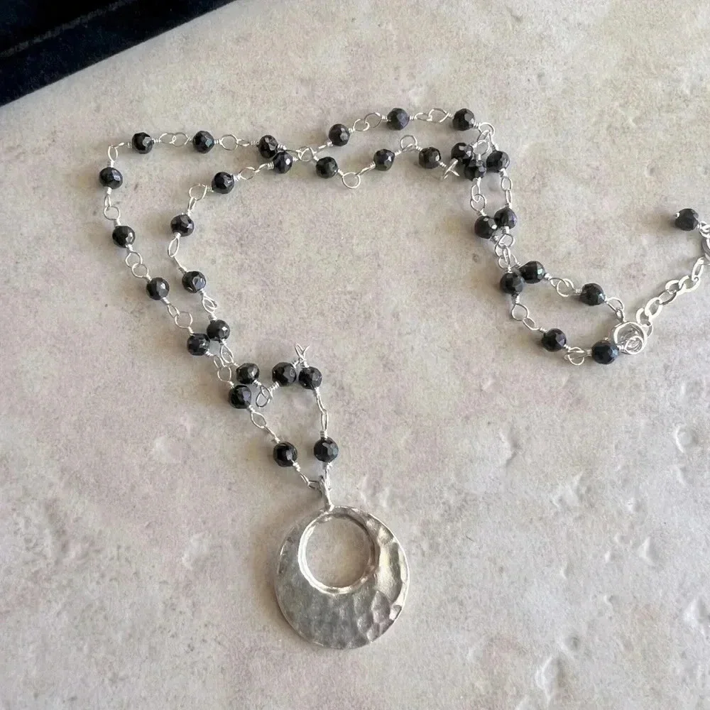 Black Spinel Necklace,Hill Tribe Silver,Hammered Disc Hoop - Picture 2 of 2